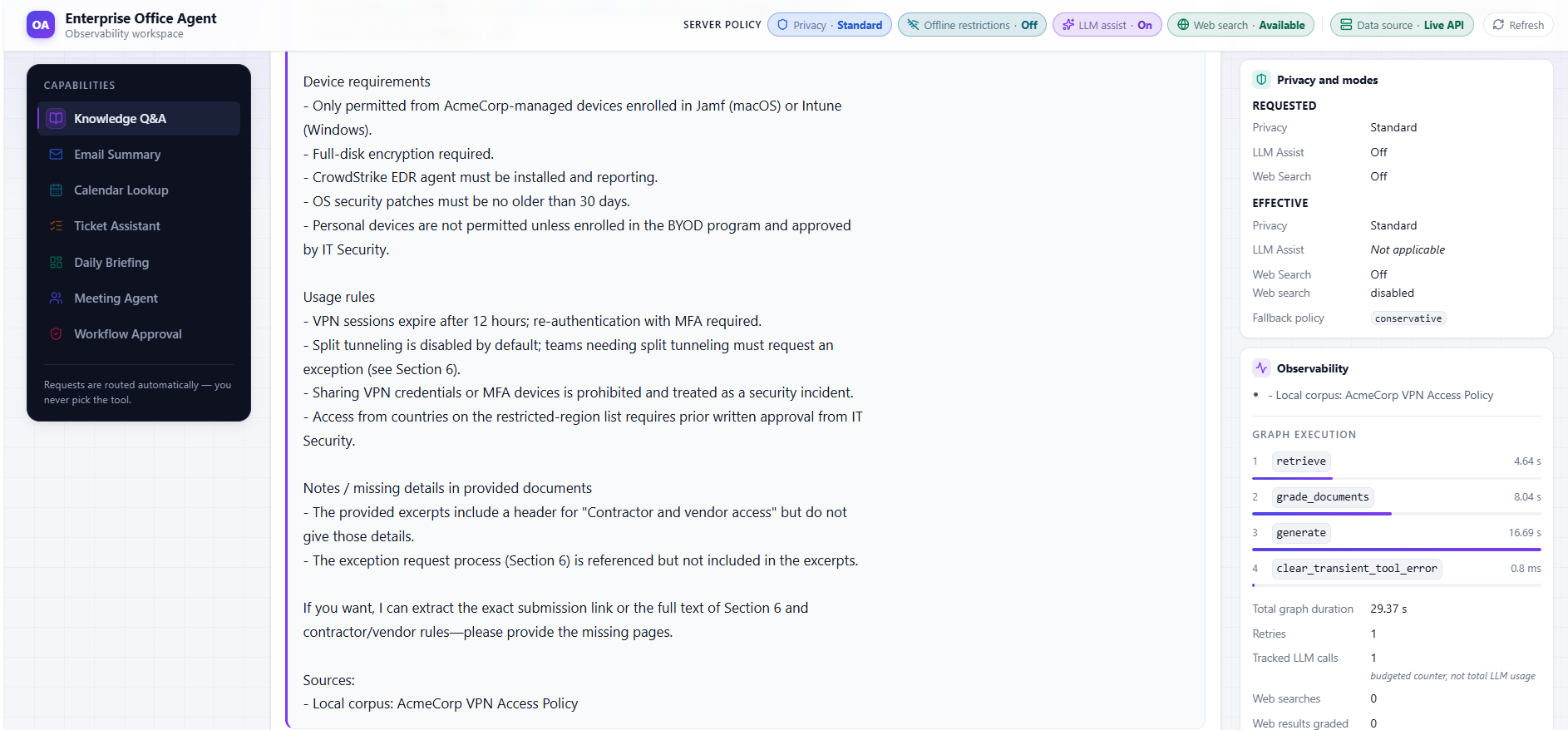 Enterprise Office Agent knowledge Q&A and observability workspace